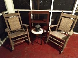 Yes, you asked for them and here they are - a pair of yummy Brumby Porch Model rockers #74, made between 1910-1940, ready for take out from Cracker Barrel...                                                                                                        All this info is straight from the source, Paul Herrington, Brumby Chair Company.                                            I know a guy!