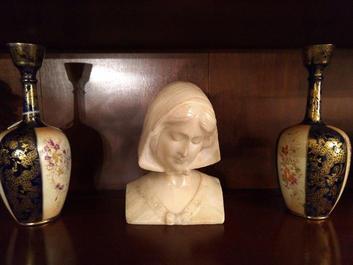 Pair of Asian hand painted vases and vintage white marble female bust.