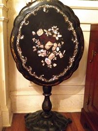 Vintage tilt-top papier mache table, with mother of pearl inlay.
