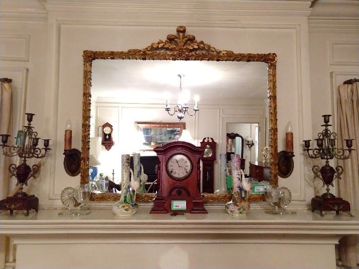 Even YOU would look good in this mirror!  ;-)               Vintage gilt wood, in excellent condition.  Vintage wooden mantle clock, pair of Italian hand painted vases, with cranes and a pair of marble and brass 5-light candelabras.  