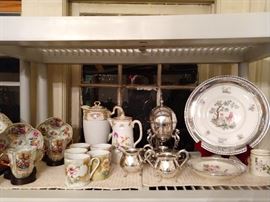Sterling silver rimmed plate and bowl, rare hand-painted teacup and saucer twins.