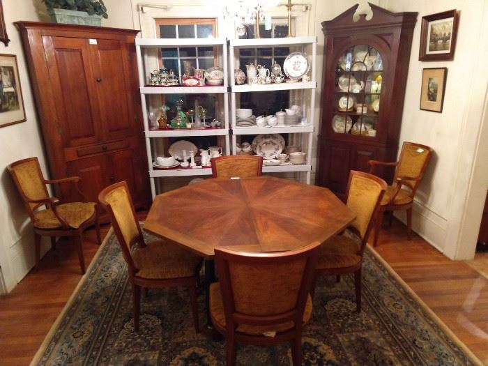 Vintage Baker Biedermeier-ish octagonal dining table , with two leaves (each 2' wide) and six chairs - two arm, four side.