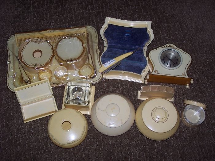 Celluloid items - Dresser set, Jewelry box, inkwell, groomer, clock and many more not pictured