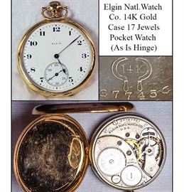 Clocks Pocket Watch 14k Yellow Gold Elgin National Clock Co 17 Jewels