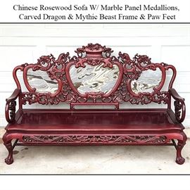 Furniture Asian Arts Marble Back Carved Rosewood Triple Sofa