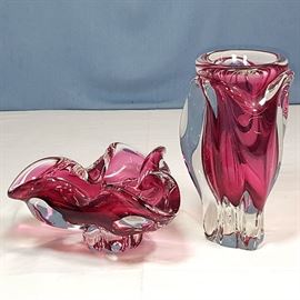 Glass Art Murano Pink Cased Clear Bowl Vase