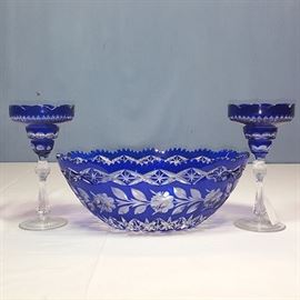 Glass Crystal Cobalt Cut To Clear Console Set