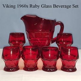 Glass Ruby Viking Pitcher And 6 Tumblers