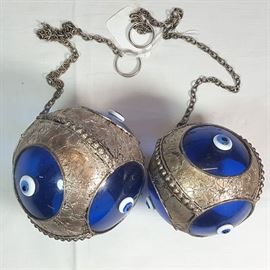 Glass Turkish Eye Protection Balls Silver Plate Holders And Chains