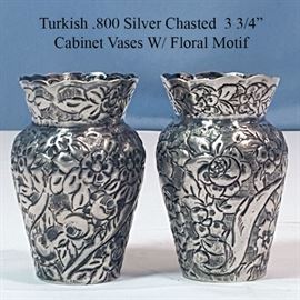 Silver 800 Turkish Chasted Floral Cabinet Vases pair