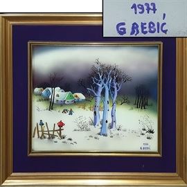 Art Yougoslavia Reverse Painting on Glass Naive Folk Art G Rebic