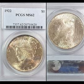 Coins MS62 1922 Silver Peace Dollar PCGS Graded