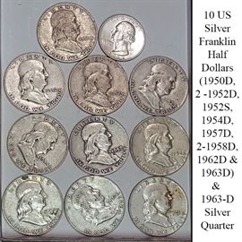 Coins Silver 10 Franklin Half Dollars One Quarter