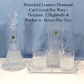 Glass Crystal Waterford Lismore Diamond Cut Bar Ware With Boxes