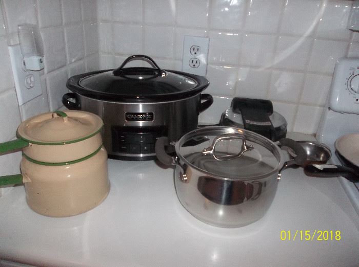 Crock pot, vintage double boiler, stock pot