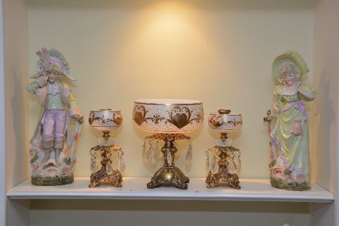 German bisque figurines, candlesticks and centerpiece