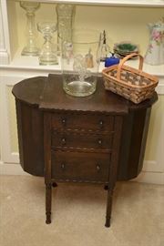 Washington sewing cabinet, Sarah Walker etched wine bucket, Longaberger basket, glassware, smalls