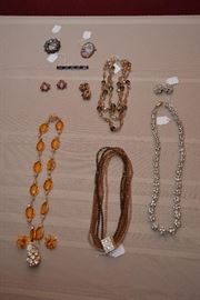 costume jewelry - glass bead necklaces and earrings, Joseph Warner pin, Austria pin, Limoges pin