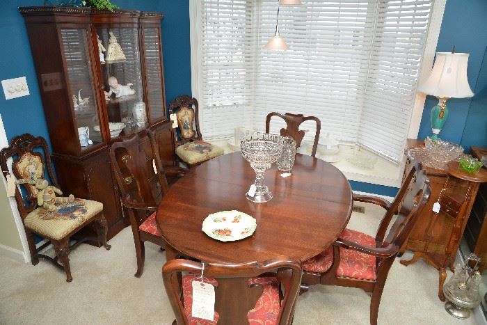 dining table, four chairs, china cabinet, pair press back chairs, washstand, smoking stand 
