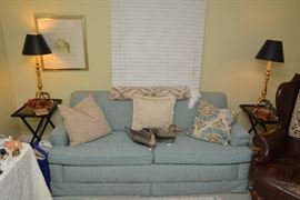 sleeper sofa, tables, pair lamps, duck decoys