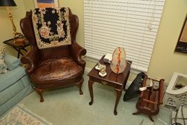 leather wing-back chair - sold, side table, magazine rack