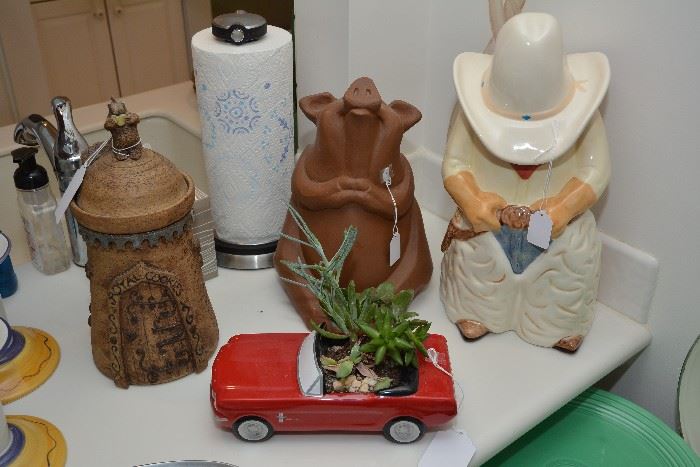 Castle/Dragon cookie jar, pig cookie jar, Rachel Elizondo cowboy cookie jar, red Mustang planter