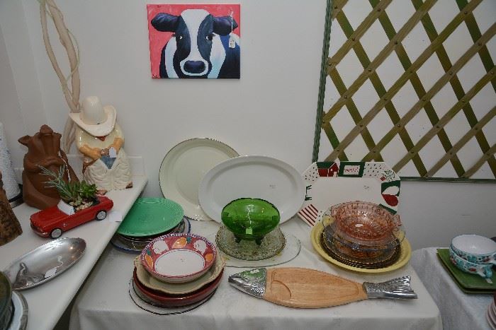 dishes, platters, fish cutting/serving board, cow picture