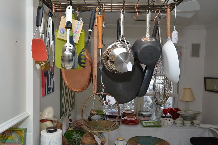 Calphalon, All Clad, Green pan, kitchen utensils, copper Hummingbird bird feeder, black and copper hanging pot rack