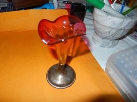 19 century fluted sterling base vase, blown glass