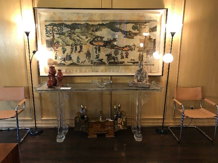 Lucite & Marble Oriental style console; wood & brass Turkish shoe shine kit