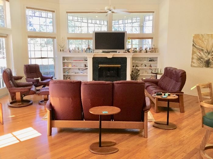 Beautiful Danish modern and Stressless living room furniture including Stressless Ellipse side tables