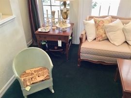 What Wicker child’s antique rocker, Lenox items, couch, coffee table, side table, camera items below