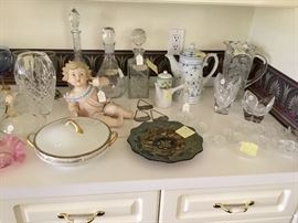 Waterford, liquor decanters, carnival glass, orrefors, piano baby type large figurine