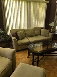 Matching 3 cushion couch! End tables and coffee table with glass inserts!