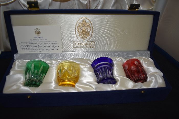 Faberge' Vodka Set- Set of 4 Glasses Cut to Clear- Xenia Imperial Crystal with Original Box