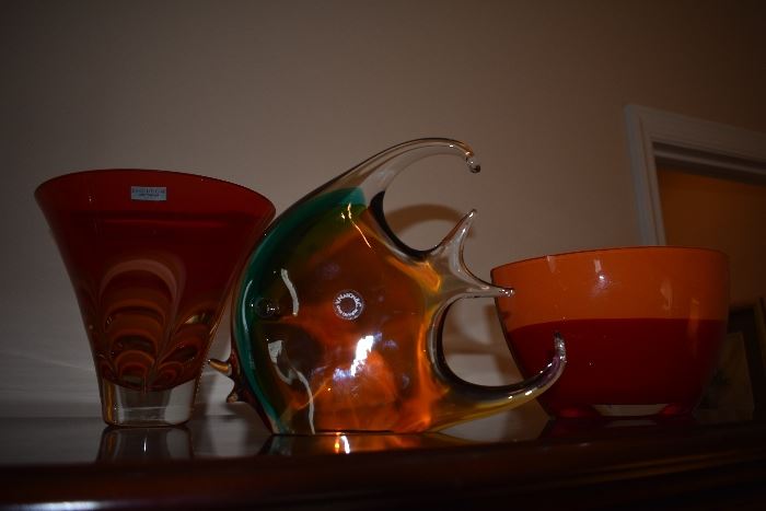 Waterford Evolution Vase and Bowl, Murano Glass Fish