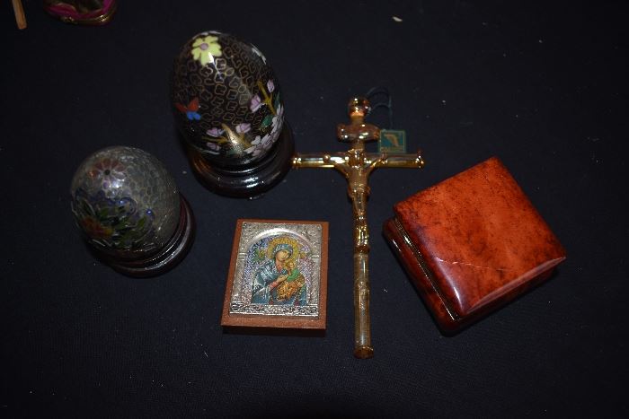 Murano Glass Crucifix, Enamed Egg, Plique A Jour Egg, Religious Plaque, Trinket Box