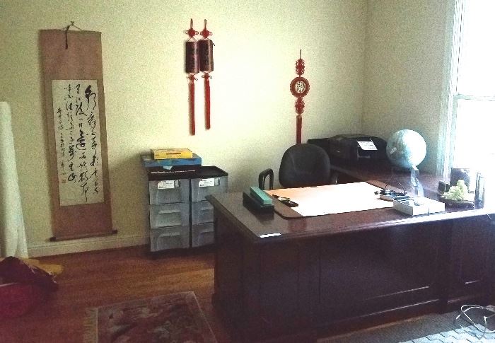 L - shaped executive desk, CANON wireless printer, globe, Chinese decor items