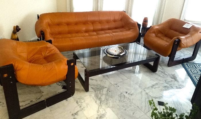 Six piece PERCIVAL LAFER leather and rosewood set-sofa, two chairs, two end tables, cocktail table