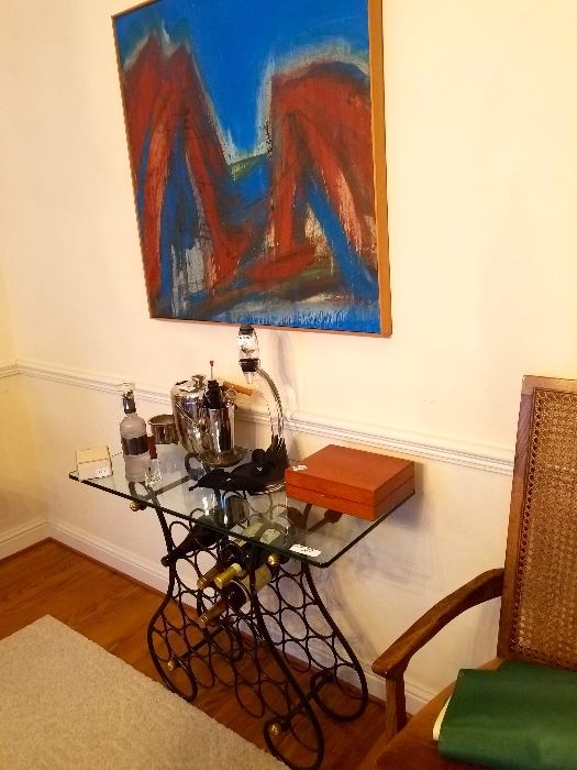 Glass topped wine table, supplies, original art