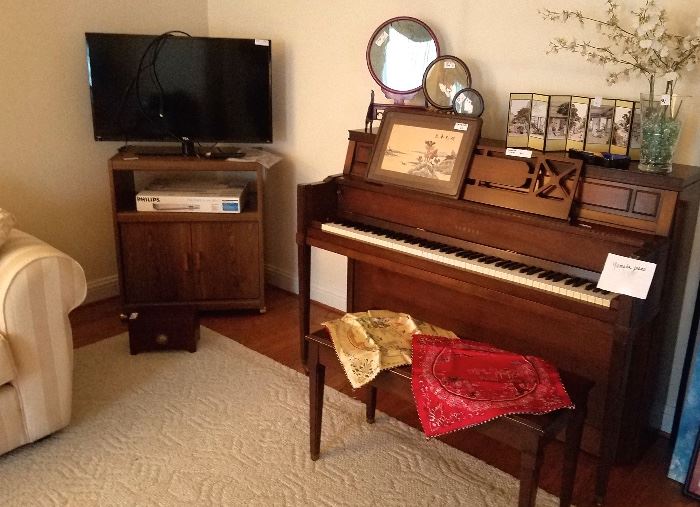 YAMAHA piano, flat screen tv, Asian decor items
