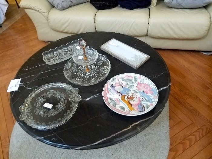Round black marble table ( also two matching end tables) glass and china serving ware