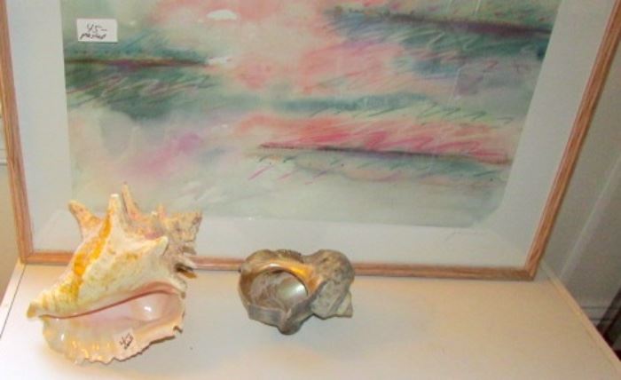 Pastel print and two large seashells