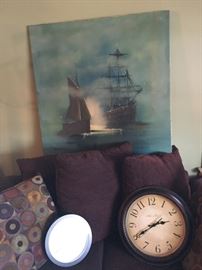 Awesome and large painting of ship on canvas plus 2 clocks!