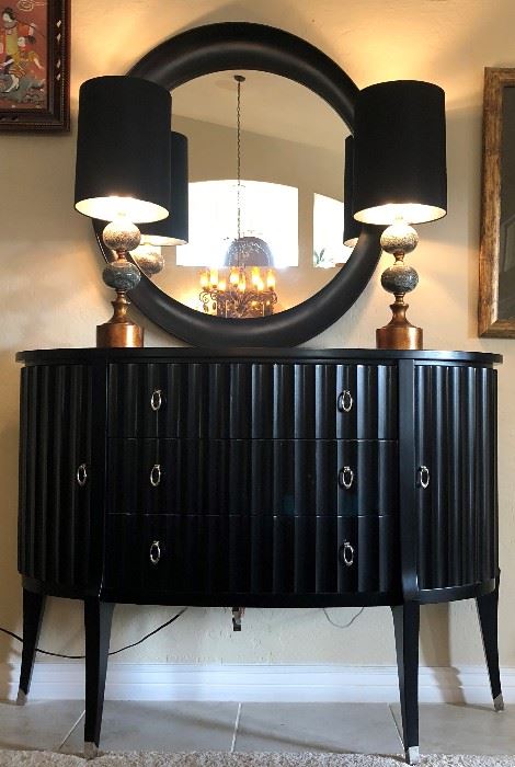 Art Deco-Style Half Circle Buffet w Slightly Curved Legs. Sleek and Fabulous! Round Accent Mirror and Perfect Lamps finish this look. 