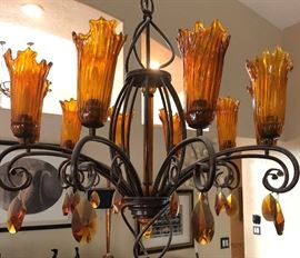 AMAZING Chandelier w Art Deco Style Iron and Ruffled Edge Glass w/ Multi-faceted Crystals