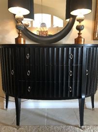 Art Deco-Style Half Circle Buffet w Slightly Curved Legs. Sleek and Fabulous! Round Accent Mirror and Perfect Lamps finish this look.