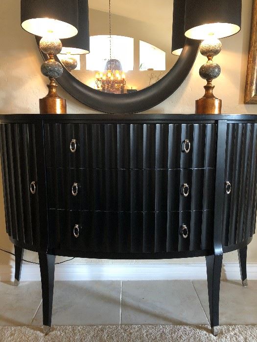 Art Deco-Style Half Circle Buffet w Slightly Curved Legs. Sleek and Fabulous! Round Accent Mirror and Perfect Lamps finish this look. 