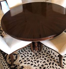 Stanley Dining Room: 60" Round Pedestal Table (perimeter extensions add 18" to overall width) w 6 Off-White Microfiber Chairs, Buffet w Black Granite Top, Sleek Table Lamps w Black and Brass Shades