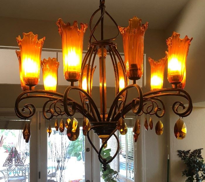 AMAZING Chandelier w Art Deco Style Iron and Ruffled Edge Glass w/ Multi-faceted Crystals
